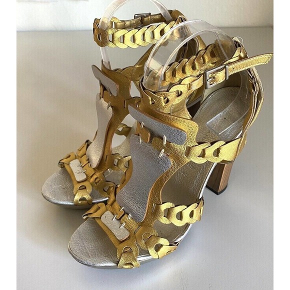 Barbara Bui T Strap Platform Sandal Open Toe Leather Heel Silver Gold Me… - Picture 4 of 8